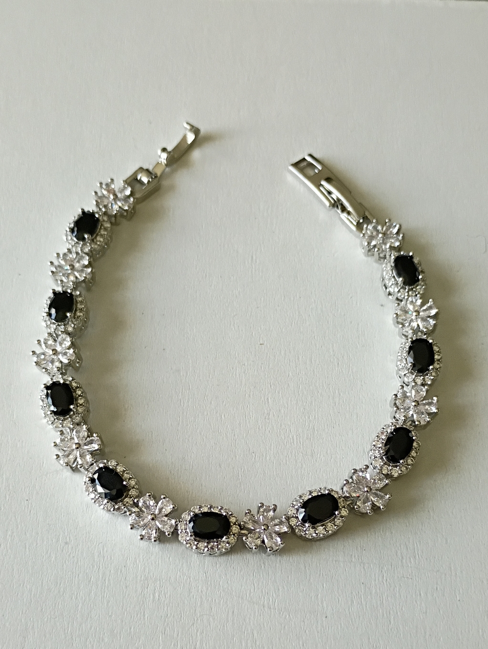 New Classic Silver Tone Bracelet with Black Gem Accents